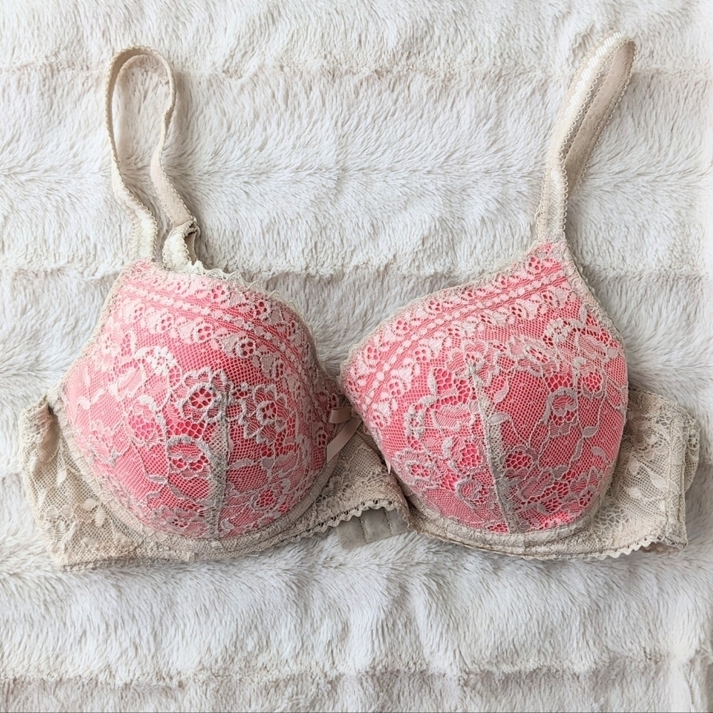 ETAM lace contrast lightly lined bra pink beige size 32C